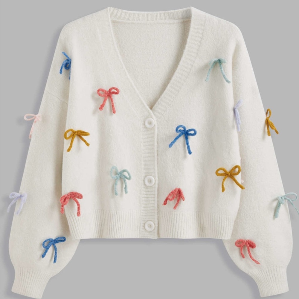 Anthropologie x Luna Ivy White Cropped Cardigan with Colorful Bow Accents